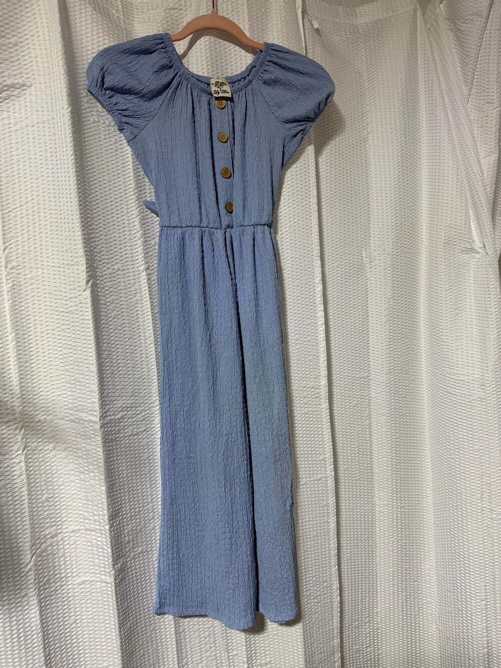 Lily Bleu Girls Blue Textured Puff-Sleeve Button-Front Jumpsuit with Tie-Back